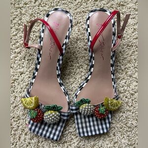 Betsey Johnson Gingham Beaded Fruit Slingback Sandals - Red heel strap